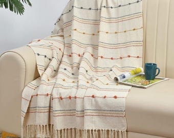 Woven Cotton Throw Blanket with Fringe | Neutral Multicolor Stripes, Lightweight Couch Accent