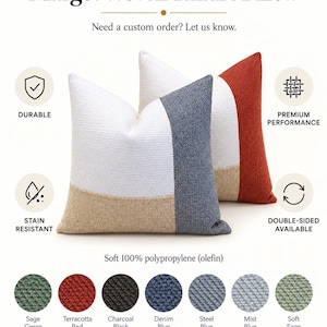 May include: Margot Woven Texture Pillow with a woven fabric surface. The image displays two square pillows in white, tan, and blue, and white, tan, and terracotta red. Text includes "Margot Woven Texture Pillow," "Durable," "Stain Resistant," and "7 Colors Available."
