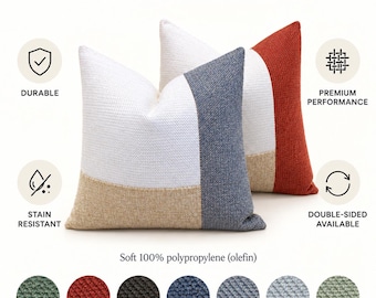 May include: Margot Woven Texture Pillow with a woven fabric surface. The image displays two square pillows in white, tan, and blue, and white, tan, and terracotta red. Text includes "Margot Woven Texture Pillow," "Durable," "Stain Resistant," and "7 Colours Available."