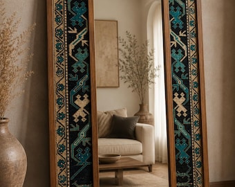 One of a Kind Antique Turkish Rug Mirror| 34.6" x 43.7"| 88x111cm Authentic Vintage Rug Frame|Handmade Luxury Wall Decor