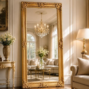 May include: A large rectangular floor mirror featuring an ornate gold frame with intricate carved detailing. The mirror reflects a bright living room interior, including a crystal chandelier, a sofa, and a vase of white flowers on a table.