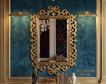 Duże barokowe lustro ze złotymi liśćmi – ozdobna dekoracja ścienna w stylu wiktoriańskim, 85 x 122 cm – 33,5''x48,0''