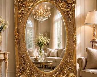 Large Gold Baroque Mirror | 33.1" x 44.9" | 84x114 cm Ornate Antique Gold Wall Mirror | Luxury French Rococo Statement Decor