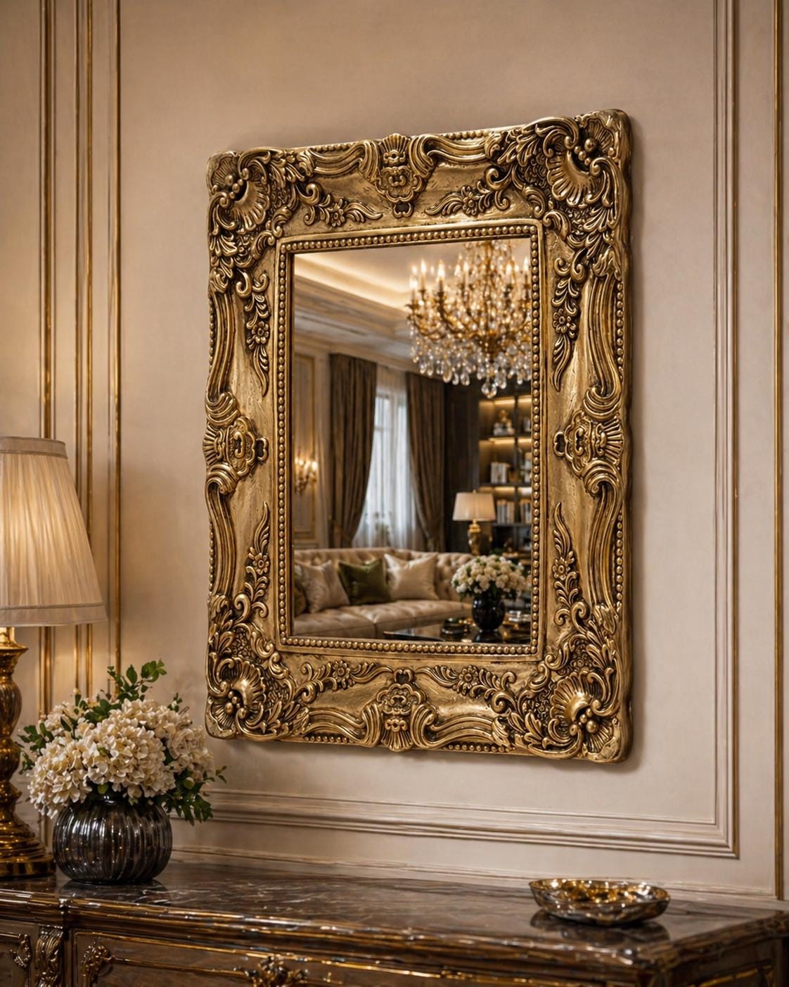 Antique vintage mirror with ornate carved frame and aged glass character