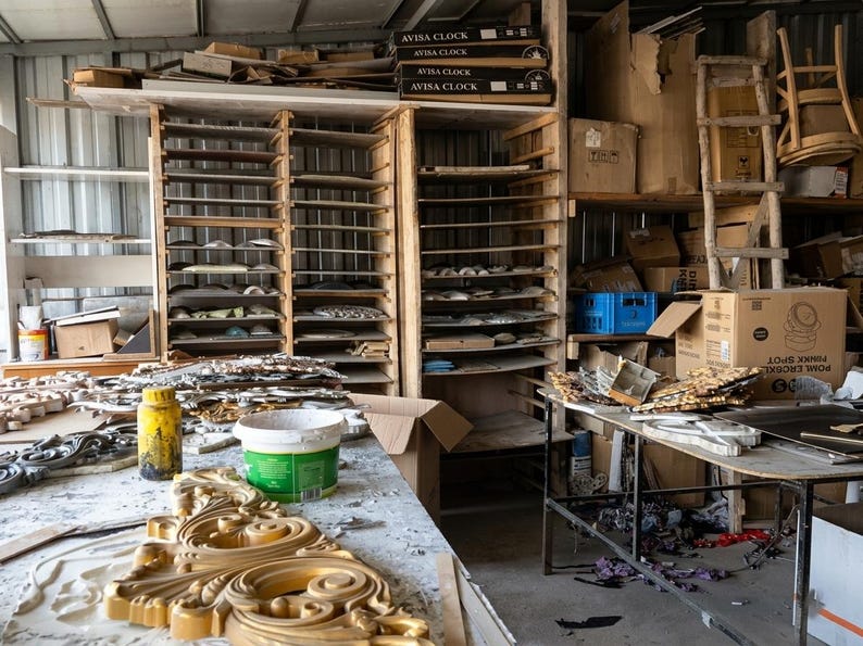 May include: A workshop interior featuring wooden shelving units filled with various decorative plaster or resin ornaments. A table in the foreground holds a large gold-painted scrollwork piece, a yellow plastic bottle, and a white paint bucket.