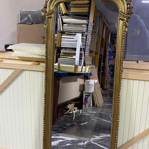 May include: A tall, rectangular floor mirror featuring an ornate, metallic gold frame with intricate carved floral and scrollwork details at the top arch and along the sides. The mirror has a rope-like texture bordering the glass surface.