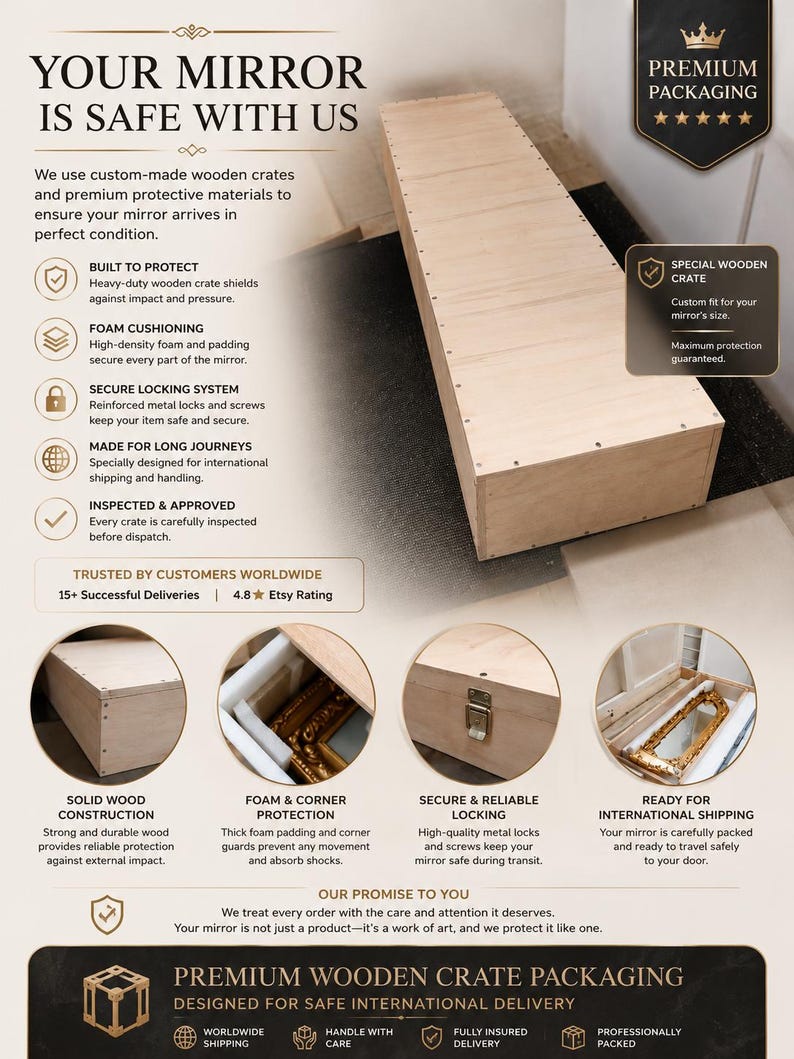 Puede incluir: Una caja de madera rectangular de color claro para el transporte de espejos. La imagen muestra texto que detalla las caracter&iacute;sticas del embalaje, incluyendo acolchado de espuma, cierres met&aacute;licos y construcci&oacute;n de madera maciza.