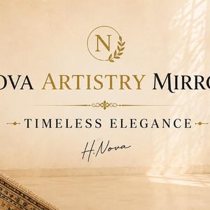 May include: A rectangular floor mirror with an ornate gold frame, positioned next to a potted plant. The text reads Nova Artistry Mirrors, Timeless Elegance, and H. Nova, with a circular N logo. A patterned rug corner is visible on the left side.