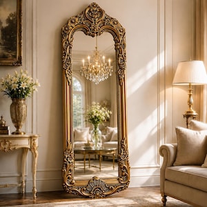 Barock helfigursspegel i guld | Utsmyckad vintagegolvspegel | Lyxig väggdekoration | 55 x 160 cm