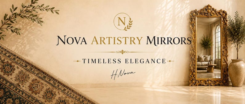 Puede incluir: Un espejo rectangular de pie con un marco dorado ornamentado se encuentra junto a una planta en maceta. El texto Nova Artistry Mirrors, Timeless Elegance y H. Nova aparece en una pared beige, junto a una rama decorativa y una alfombra.