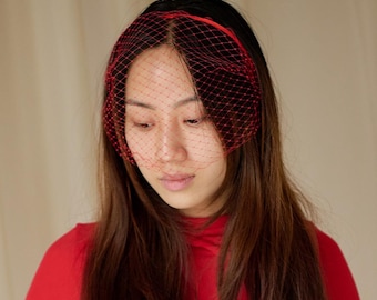 Red Fascinator Veiled Headband Red Birdcage Veil Headband Wedding Guest Headpiece Special Occasion