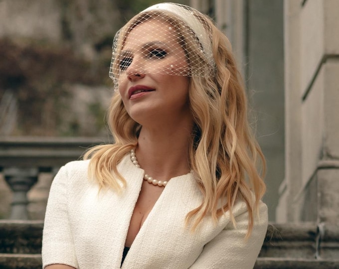 Birdcage Veil Headpiece: Pearl Veiled Fascinator Civil Wedding Courthouse Veil Headband