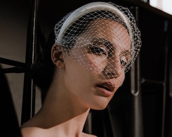 Birdcage Veil Headband Satin Wedding Fascinator with Veil Bridal Birdcage Veil Civil Wedding Courthouse Headpiece