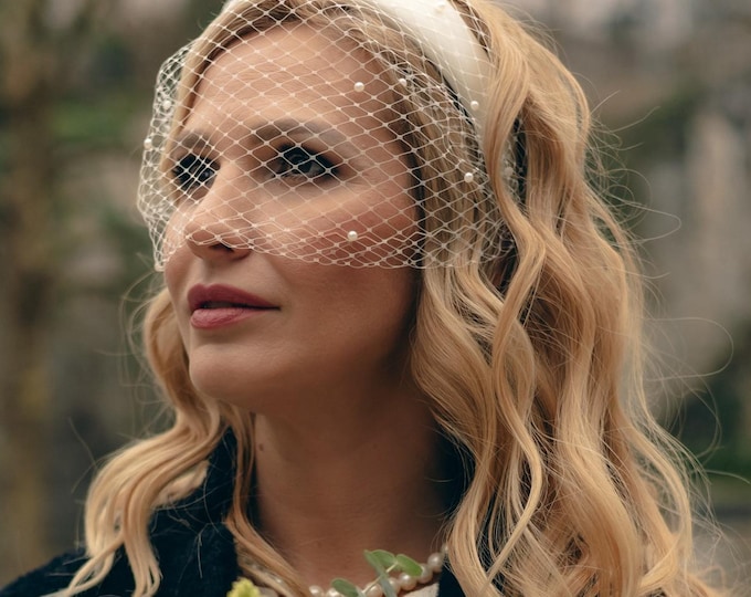 Birdcage Veil Headband Satin: Pearl Veil Fascinator Civil Wedding Courthouse Headpiece Veiled