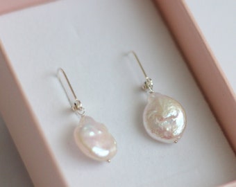 Bridal Freshwater Pearl Earrings, Natural Keshi Pearl Earrings, Large Pearl Earrings, Wedding Pearl Jewelry