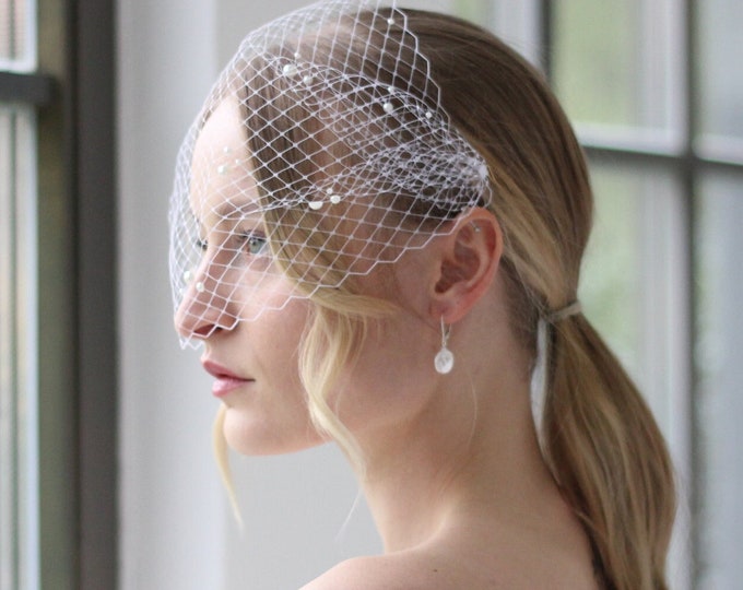 Bridal Pearl Birdcage Veil Short Birdcage Veil with Pearls Wedding Pearl Veil Scattered Pearl Veil for Bride