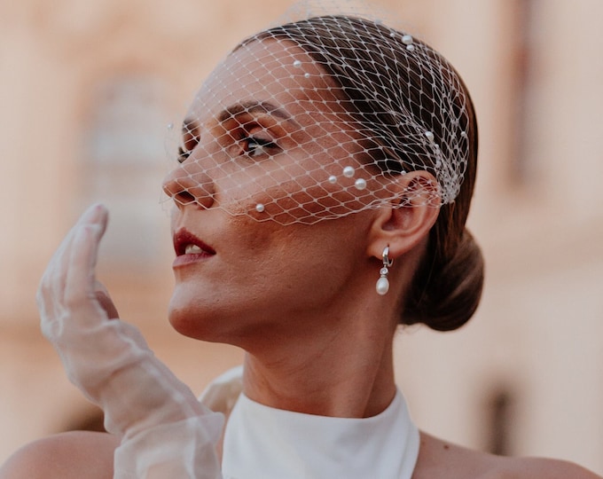 Bridal Pearl Birdcage Veil Short Birdcage Veil with Pearls Wedding Pearl Veil Scattered Pearl Veil for Bride