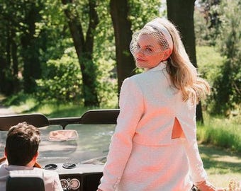 Town Hall Wedding Veil Headband, Birdcage Veil Hair Band Satin, Pearl Veil Fascinator Civil Wedding Courthouse Headpiece Veiled