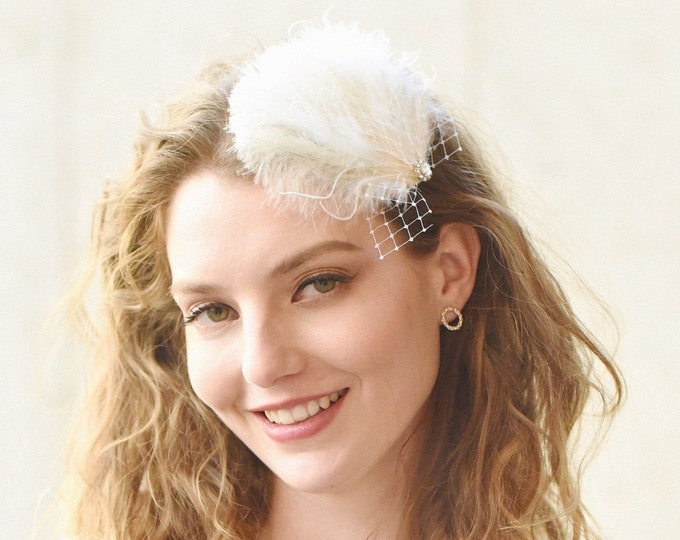 Feather Hair Clip, Bridal Hair Clip, Art Deco Wedding Headpiece, Ivory Hair Clip, Style 311