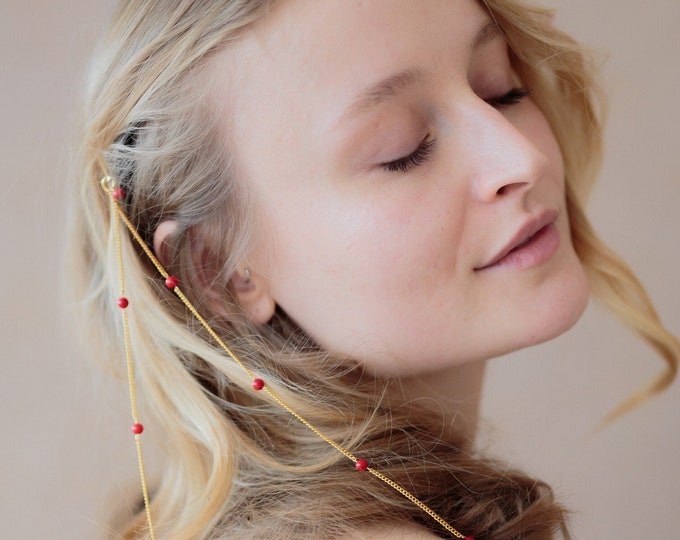 Bridal Hair Chain with Red Coral, Wedding Head Chain, Bohemian Bridal Hair Accessory, Bridesmaids Gift, Style 409