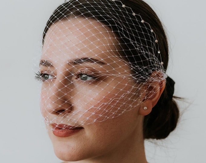 Pearl Rhinestone Veil with Pearls Wedding Veil Crystal Birdcage Veil with Rhinestones with Crystal Edge