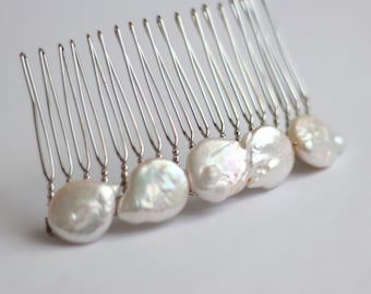 Bridal Pearl Hair Comb for Wedding, Natural Keshi Pearl Hair Comb, Large Freshwater Pearl Hair Comb, Wedding Hair Accessory