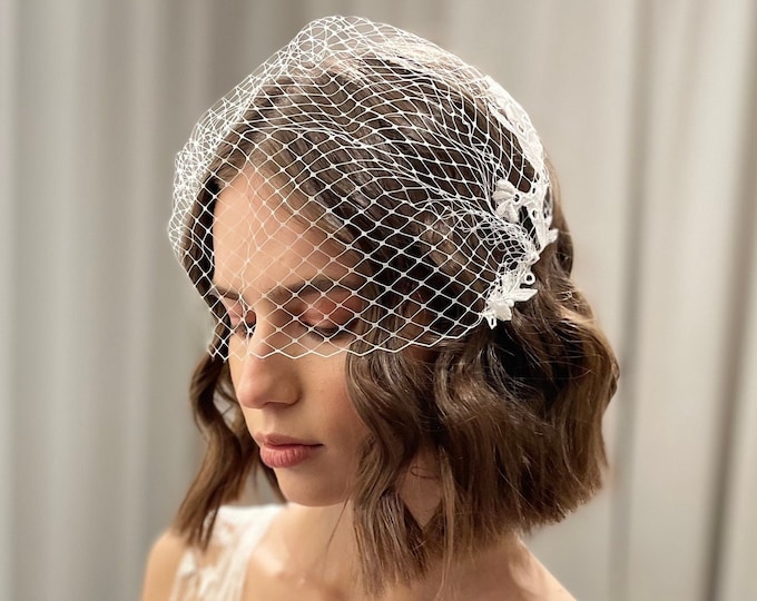 Floral Birdcage Veil, Flower Lace on Bridal Veil, Flower Veil, Wedding Veil, Bird Cage Veil