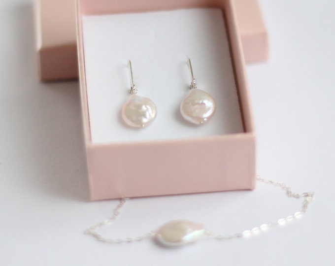 Pearl Jewelry Set Pearl Earrings & Necklace Bridal Freshwater Pearl Earrings Keshi Pearl Necklace Large Pearl Wedding Pearl Jewelry