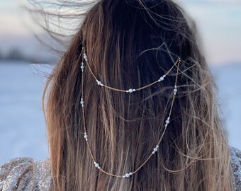 Bridal Pearl Hair Chain, Wedding Freshwater Pearl Hair Chain, Pearl Headpiece for Women, Bohemian Hair Chain