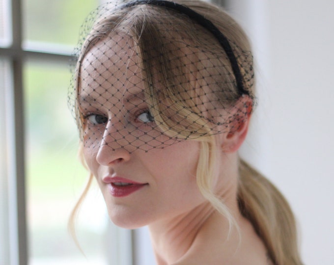 Black Birdcage Veil Headband, Short Bridal Birdcage Veil, Bridal Birdcage Fascinator, Wedding Veil Headband