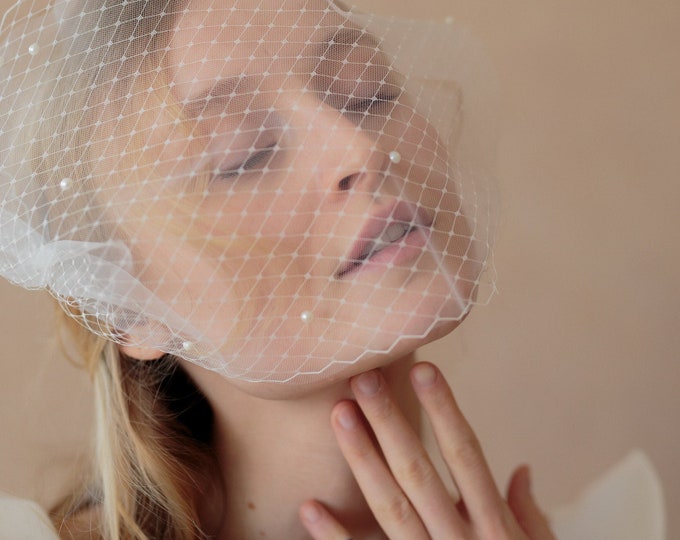 Tulle Birdcage Veil Double Layer Wedding Veil with Pearls Bridal Veil Short Pearl Veil Pearl Studded Veil