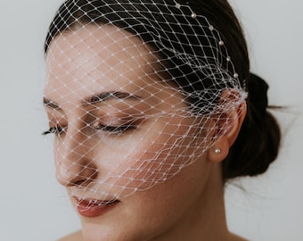 Pearl Rhinestone Veil with Pearls Wedding Veil Crystal Birdcage Veil with Rhinestones with Crystal Edge