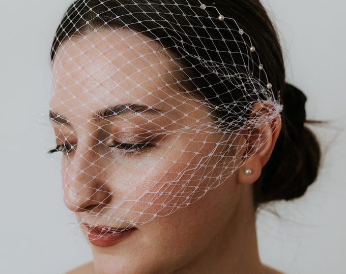 Pearl Rhinestone Veil with Pearls Wedding Veil Crystal Birdcage Veil with Rhinestones with Crystal Edge