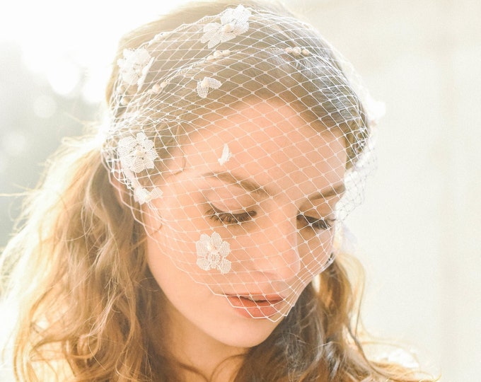 Floral Birdcage Veil, 3D Flower Wedding Veil, Freshwater Pearl Bridal Veil, Ivory Veil, White Veil, Bandeau Veil, Style 306