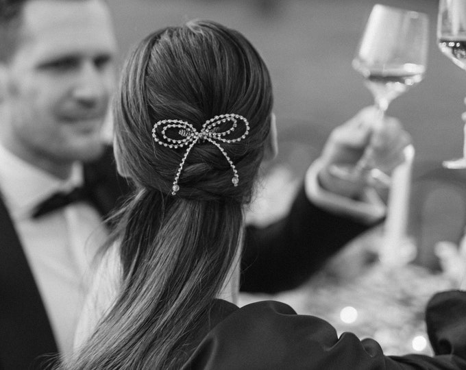 Crystal Rhinestone Hair Bow, Gold Hair Bow, Bridal Hair Pin, Wedding Hair Bow, Silver Hair Bow, Style 415