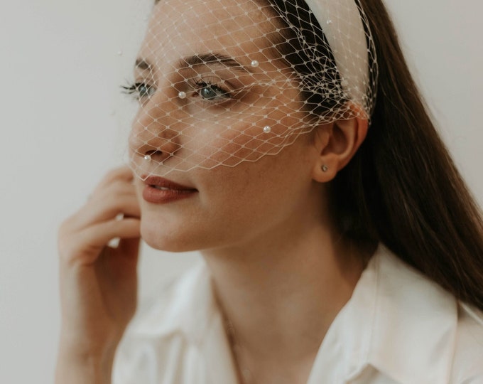 Birdcage Veil Headband with Pearls, Satin Headband Veil Bridal Birdcage Veil Short Bird Cage Fascinator Wedding Veil Headband