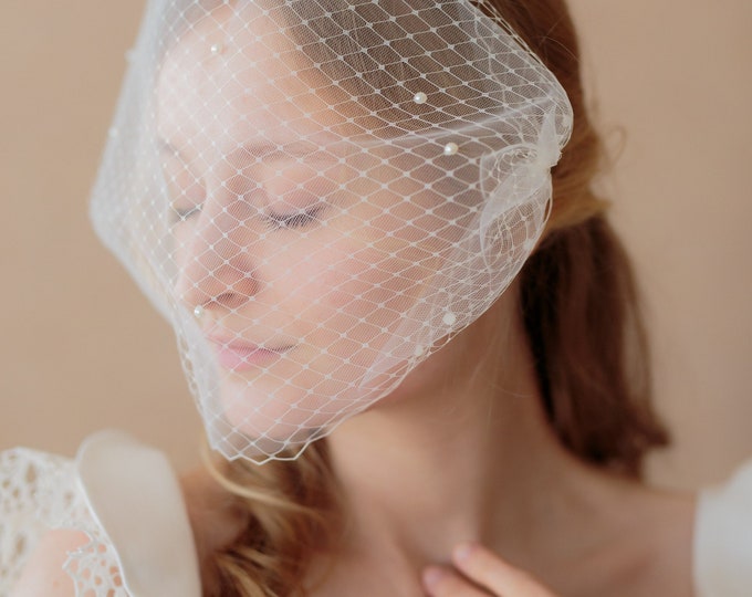 Pearl Veil Short Birdcage Veil Short Tulle Veil with Pearls Wedding Veil Double Layer Veil Scattered Pearl