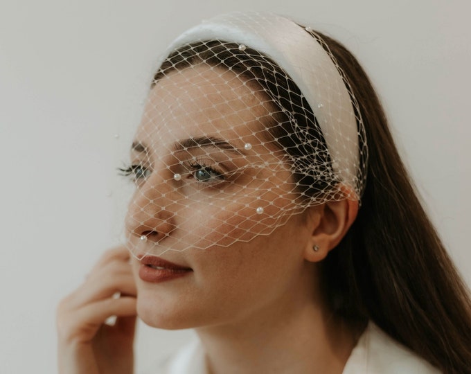 Birdcage Veil Headband with Pearls, Satin Headband Veil Bridal Birdcage Veil Short Bird Cage Fascinator Wedding Veil Headband