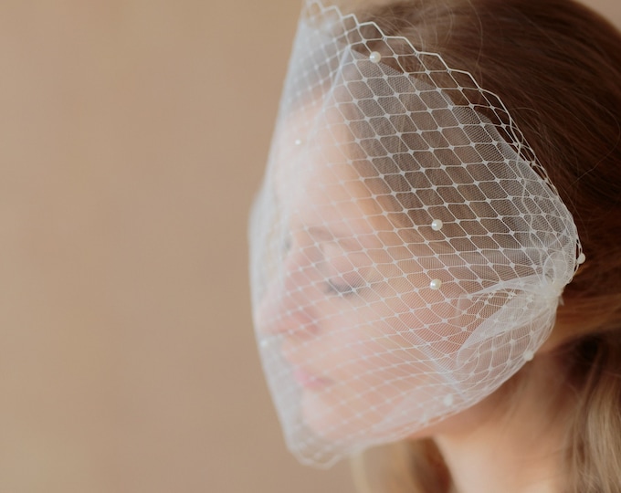 Double Layer Birdcage Veil with Pearls: Bridal Tulle Veil Wedding Headpiece Town Hall Elopement