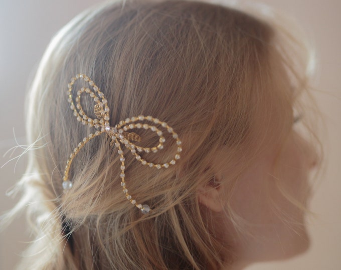 Coquette Hair Bow Rhinestone Hair Piece Gold Bow Hair Pin Crystal Hair Bow Wedding Hair Accessory, Style 415