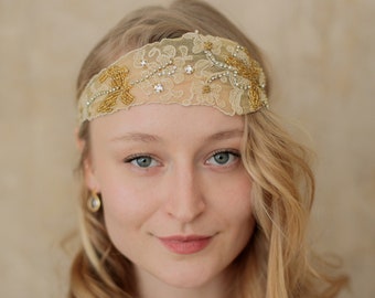 Wedding Headpiece Vintage Lace Headband Bridal Gold Headpiece Head Covering Art Deco Halo Headband Flapper