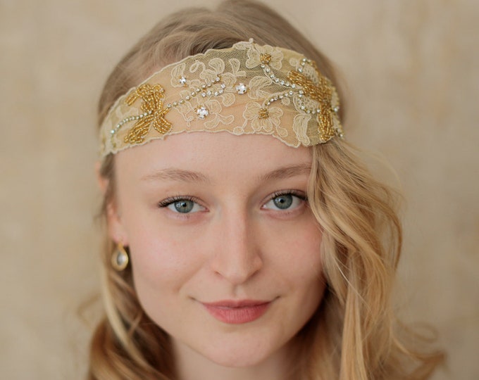 Wedding Headpiece Vintage Lace Headband Bridal Gold Headpiece Head Covering Art Deco Halo Headband Flapper