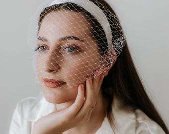 Birdcage Veil Headband, Satin Headband Veil, Bridal Birdcage Veil Short, Bird Cage Fascinator Wedding Veil with Pearls