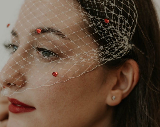 Bachelorette Birdcage Veil with Hearts Hair Accessories Valentines Day Veil Galentines Headpiece Hen Party Veil