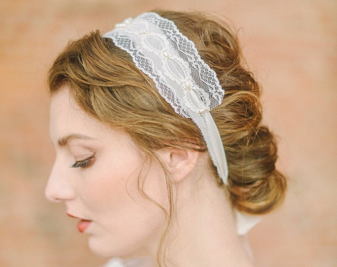 Bridal Lace Head Covering, Vintage Style Lace Headband with Pearls, Boho Bridal Headband, Style 317