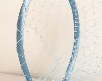 Bridal Fascinator Blue Satin Headband with Birdcage Veil Headpiece Veiled Headband Something Blue Wedding Accessory