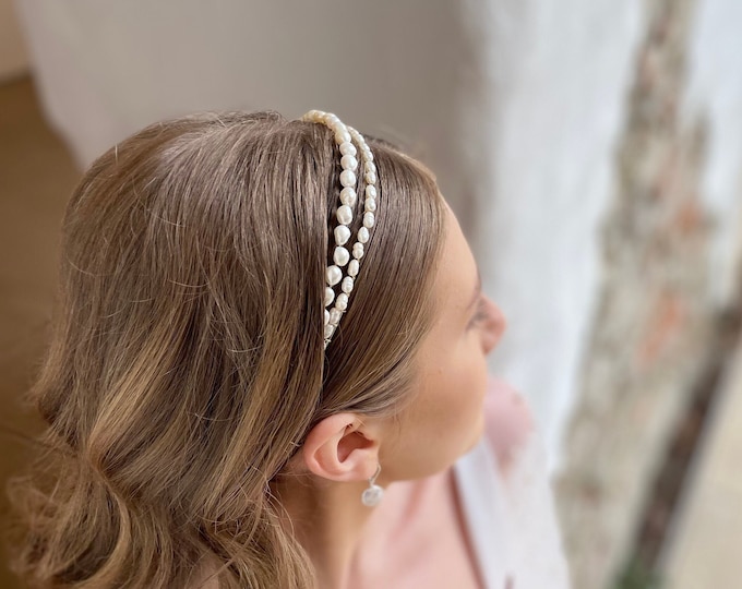 Pearl Headband Freshwater Pearl Headpiece Civil Wedding Pearl Headpiece Bridal Pearl Headband Double Pearl Headpiece for Bride
