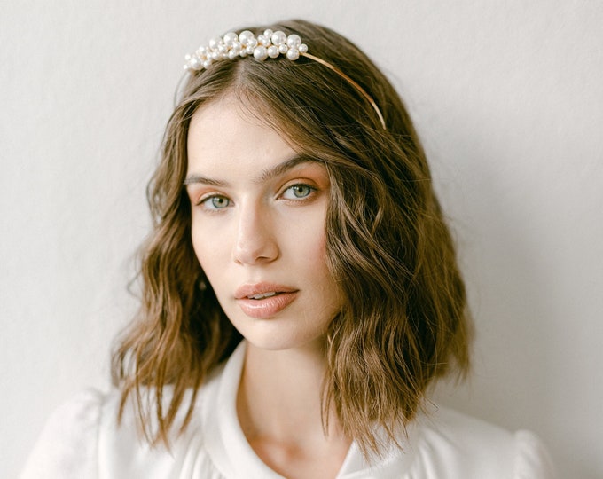 Bridal Pearl Headband, Wedding Pearl Cluster Tiara, White or Ivory or Champagne Color