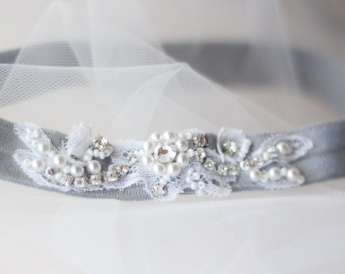 Silver Wedding Garter with Pearls, Modern Bridal Garter with Rhinestones