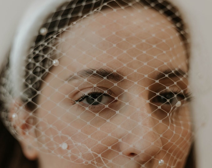 Headband Veil with Pearls Birdcage Satin Headband Veil Bridal Birdcage Veil Fascinator Wedding Veil Headband